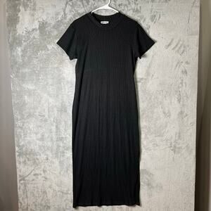 LNA Alois Mock Neck Ribbed Dress Black 1X Cap Side Slit Classic Minimalist New